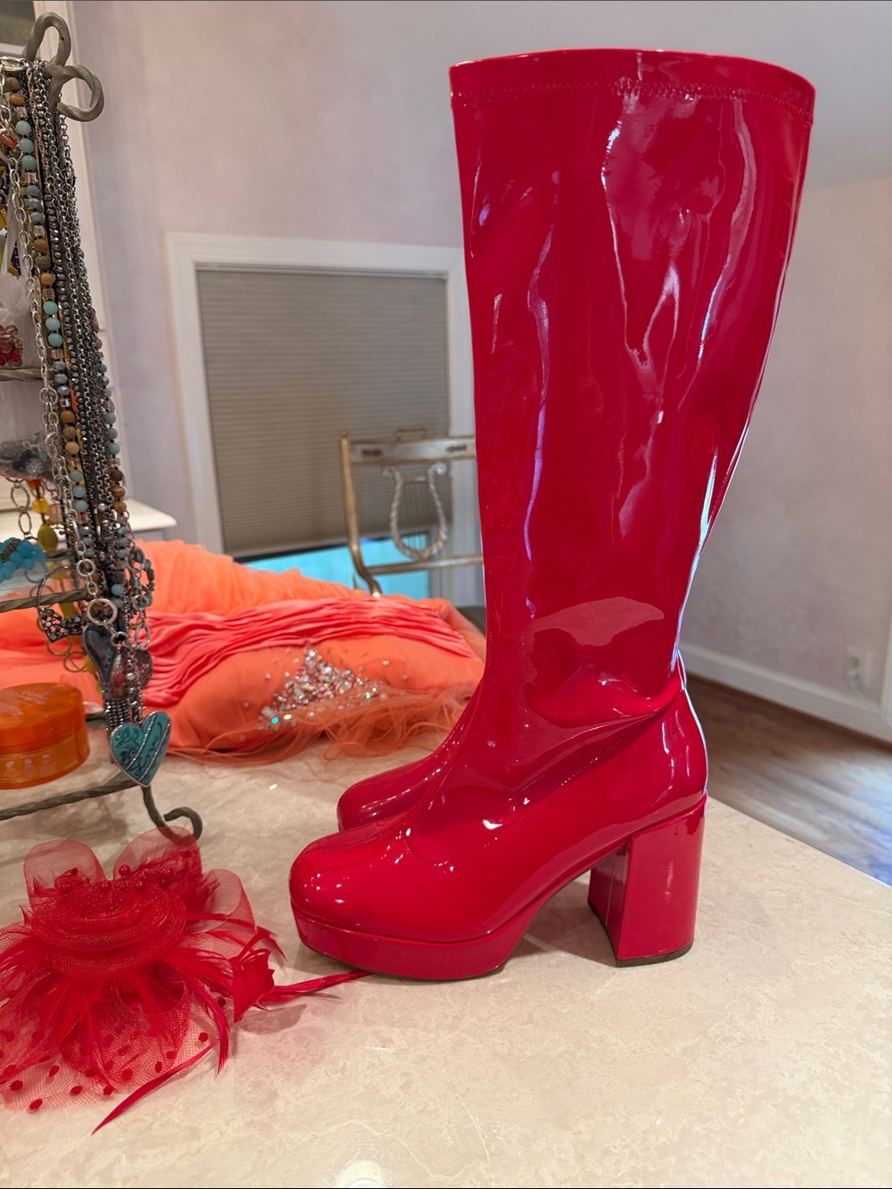 DREAM PAIRS Shiny Red Patent Knee-High Platform Boots